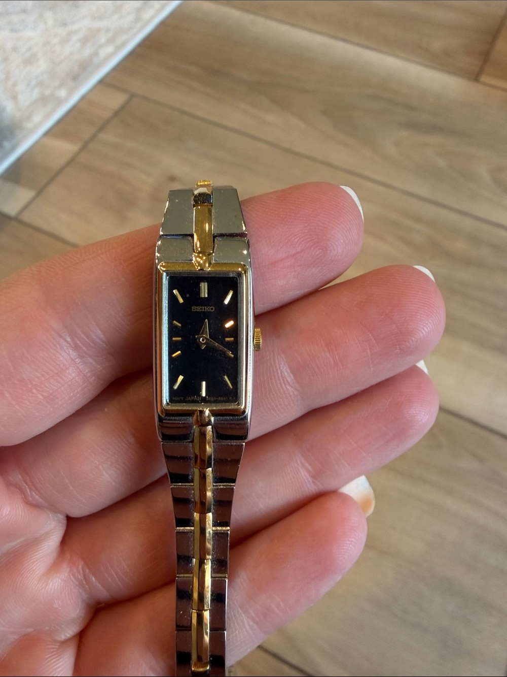 Vintage Seiko Gold and Black Women's Two-Tone Rectangle Dial Bracelet Watch